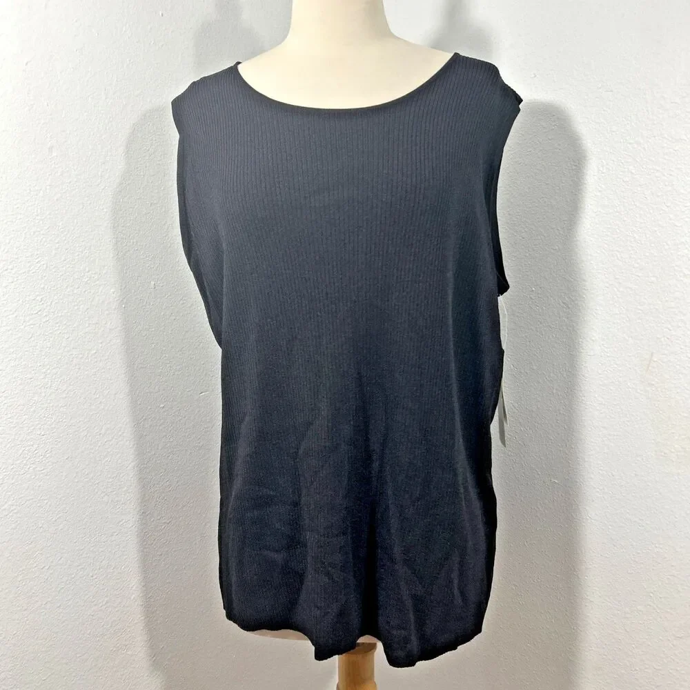 Jones New York Top Womens 2X Black Ribbed Dark Fairy Old Money Sleeveless Blouse
